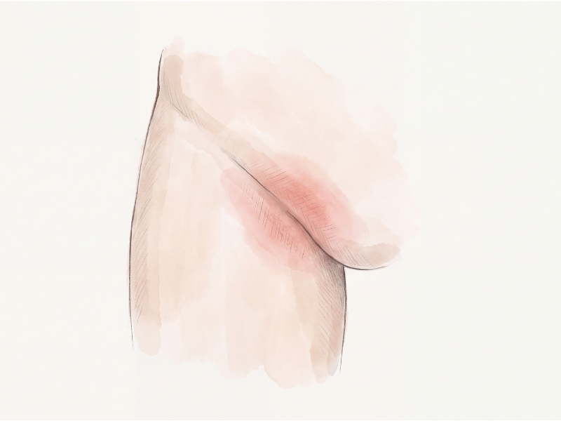 [ILLUSTRATION: original line drawing — irritated skin between two toes]