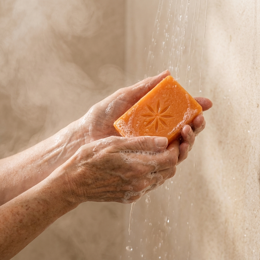 Lathering the persimmon bar under water
